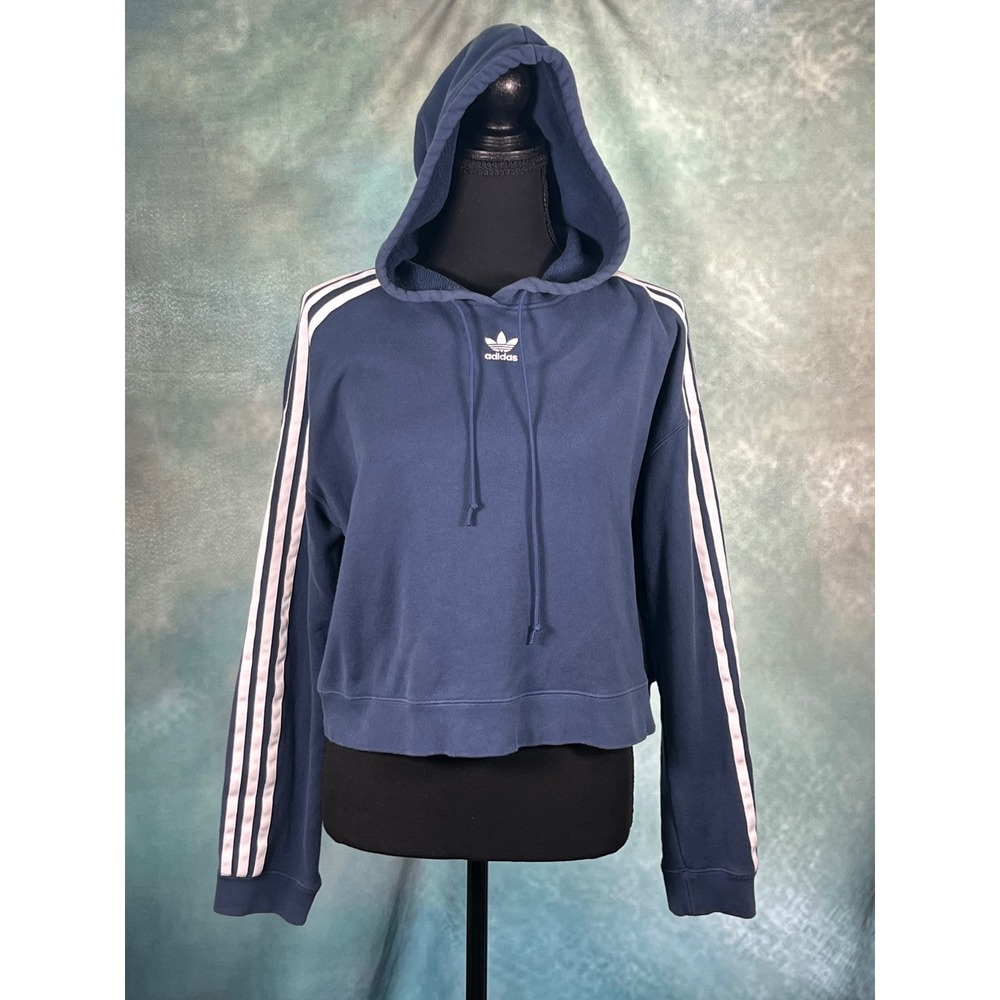 Adidas Originals Womens Navy Blue Cropped Hoodie Trefoil 3 Stripe Pullover Small